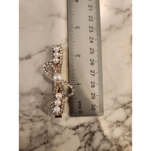 Vintage Elegant Faux Pearl & Rhinestone Hair Clip Barrette Bow Design - Picture 3 of 3